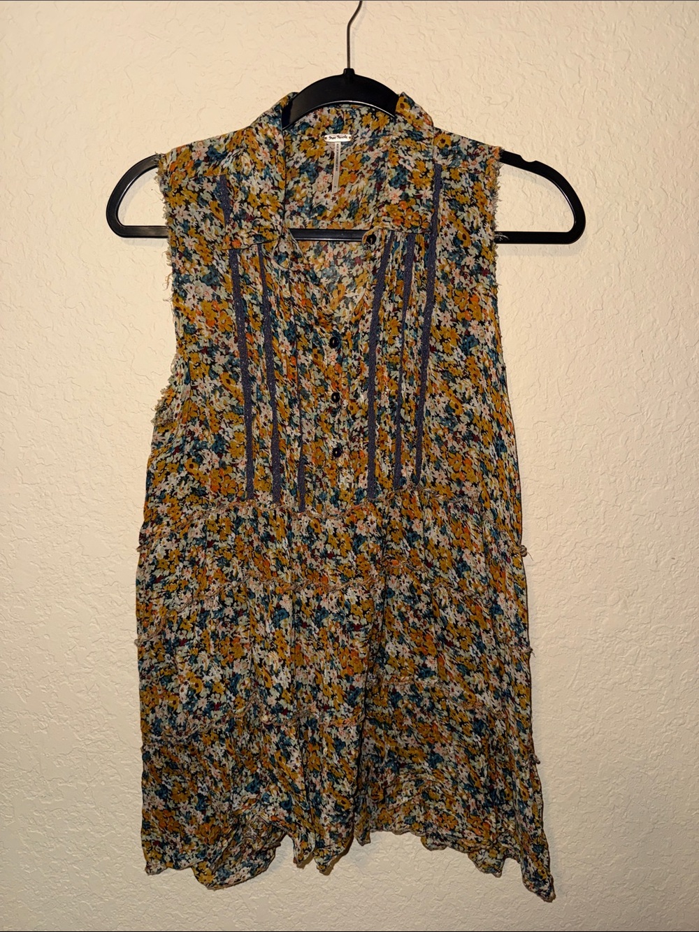 Free People Mustard Blue Floral Sleeveless Blouse
